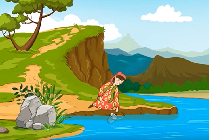 An illustrated image of a woman collecting water from a river, looking upset.