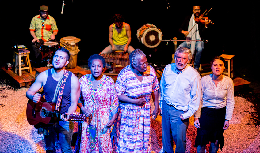 Performaners on stage during 'La Balsa' (The Raft) a new piece of musical theatre examining the idea of migration as an intrinsic part of the human experience