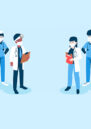 Illustration of four medical professionals, two men and two women, wearing blue and white doctors outfits and wearing masks.