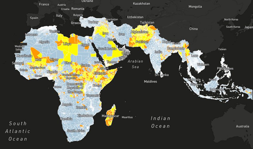 Graphic of Africa highlighting data of advance warning for water-related conflict in advance. The background is black, African is light grey, and conflict areas are shown in yellow and orange.