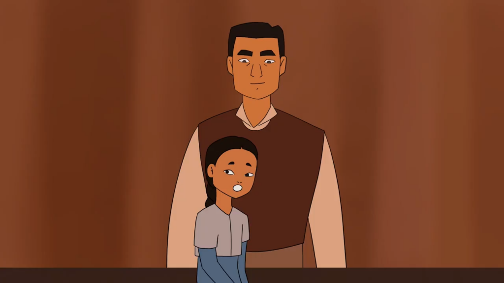 Image shows illustration of a man smiling down at his daughter. 