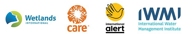 Image shows the logos of Wetlands International, CARE, International Alert and the International Water Management Institute