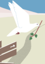 An illustration that shows a white dove holding an olive branch flying in front of a mountainous landscape. On a crossroad sign at the front left, signs that represent climate steps are shown.