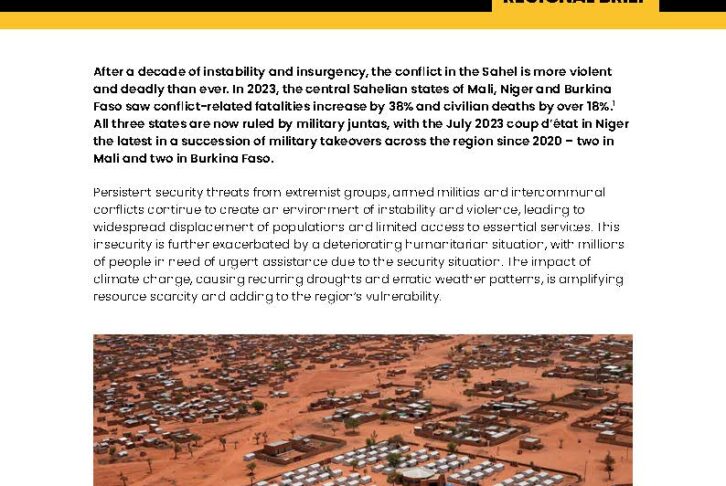 The cover of the Sahel brief with an aerial shot of the region.
