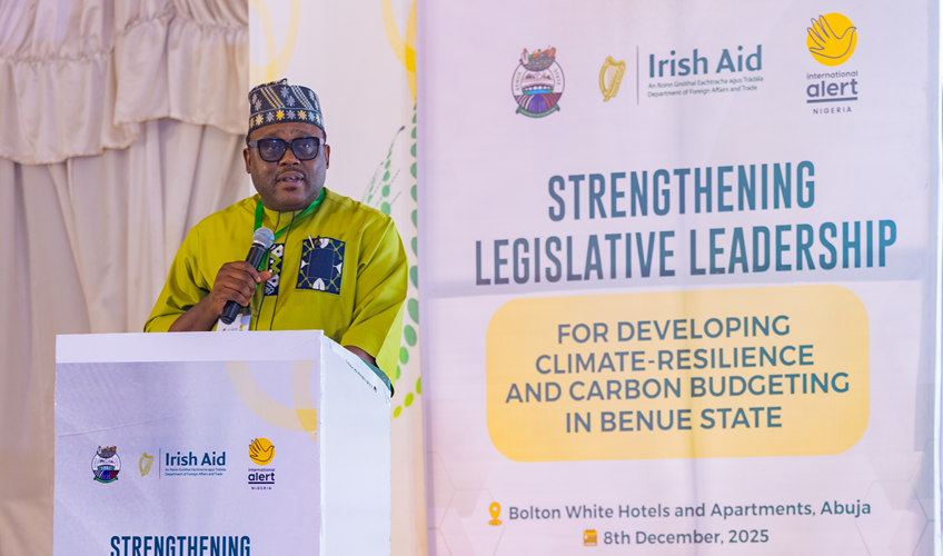 Alert Nigeria Country Director Dr Kingsley Udo addresses Benue state legislators as part of the policy-level engagement of the PPCA project. Photo: Bollington Media / International Alert.