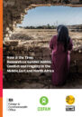 Front cover, showing an Iraqi woman looking out of her damaged house
