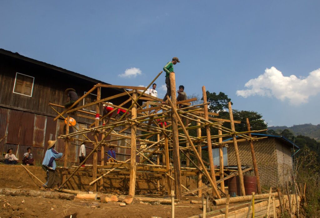 The construction of a new house made of timber in Shan state.