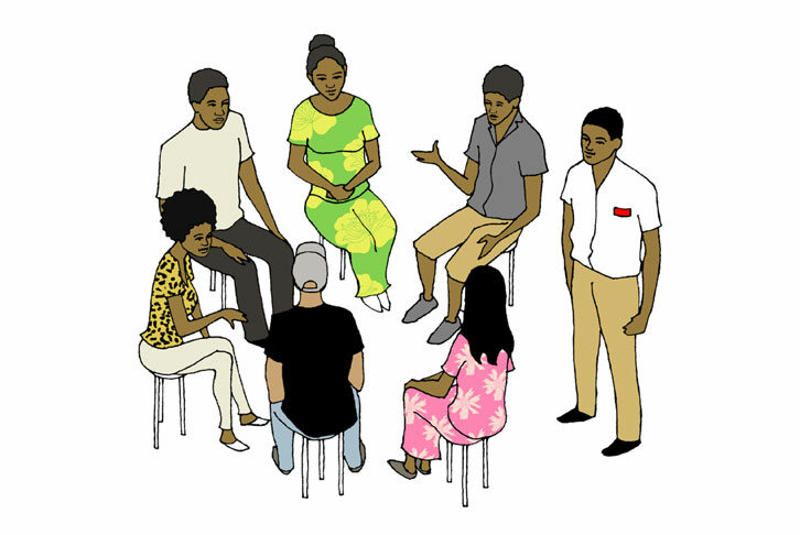 Illustration of a group of people in a circle talking