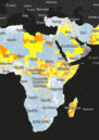 Graphic of Africa highlighting data of advance warning for water-related conflict in advance. The background is black, African is light grey, and conflict areas are shown in yellow and orange.