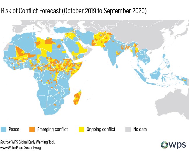 A white map with countries shown in blue, yellow and orange according to the risk forecast.
