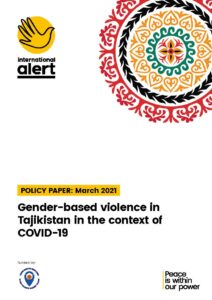 The cover of a a$ report with a traditional Tajik pattern in top right corder and International Alert logo in top left. The International Alert logo is the outline of a hand on top of a yellow circle. Report title is 'Gender-based violence in Tajikistan in the context of COVID-19.