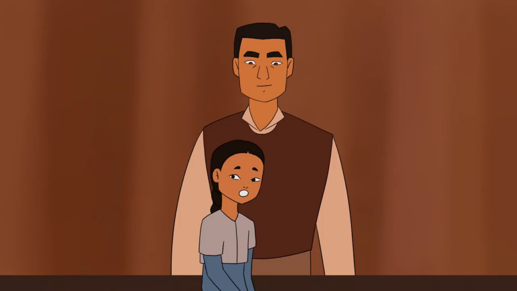Image shows illustration of a man smiling down at his daughter.