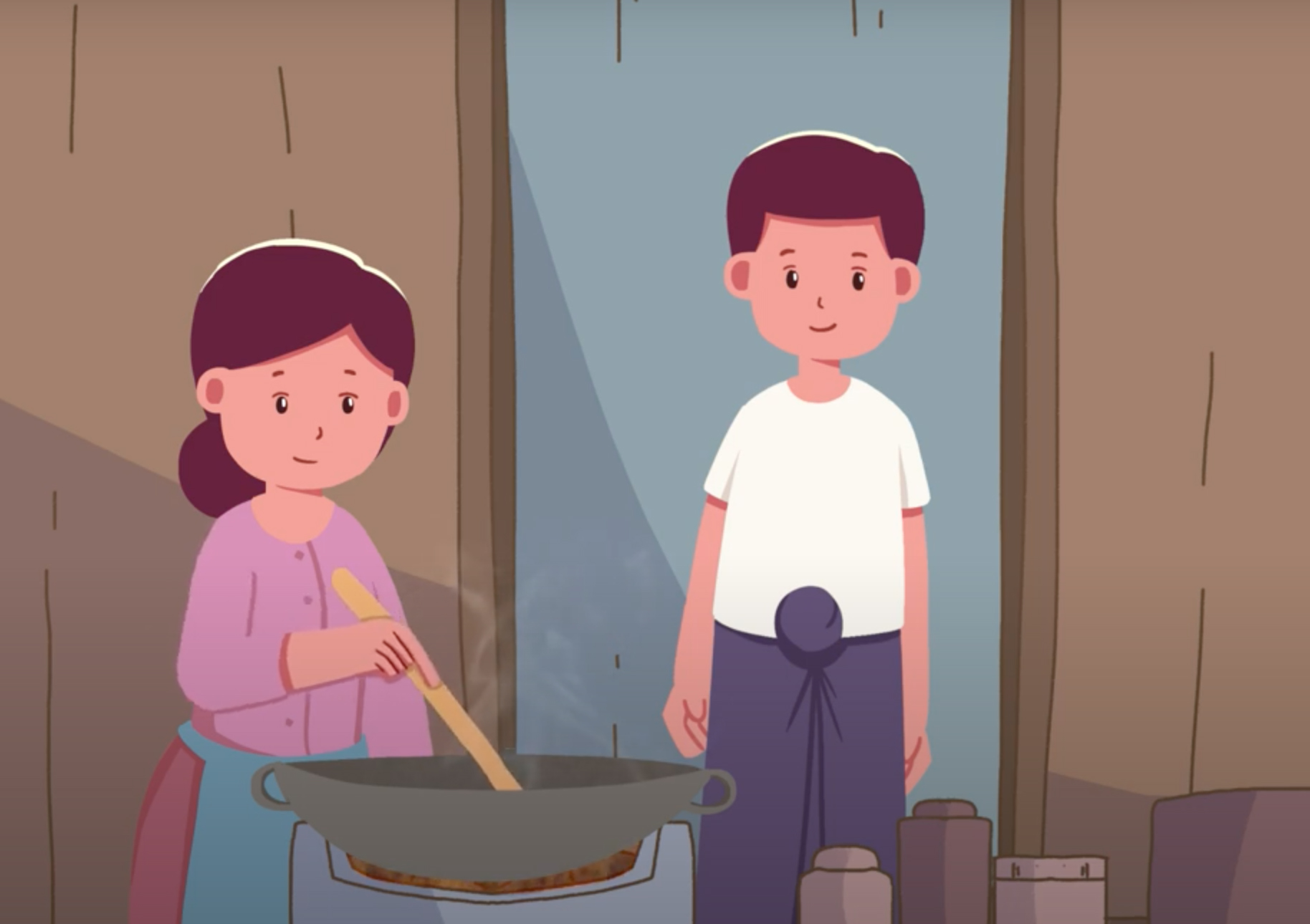 A scene from the animation - Let's Talk - a husband and wife stand smiling together in a kitchen.