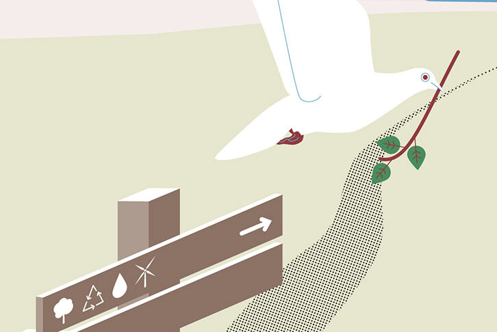 An illustration that shows a white dove holding an olive branch flying in front of a mountainous landscape. On a crossroad sign at the front left, signs that represent climate steps are shown.