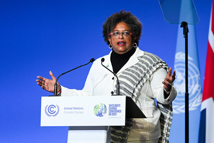 Mia Mottley, Prime Minister of Barbados, gives an impassioned call for strong climate action at the opening ceremony of COP26 in Glasgow in 2021.