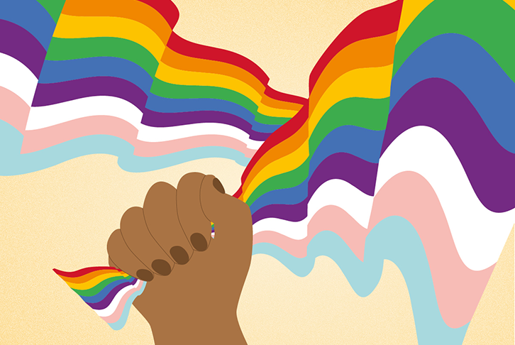 The front cover of the report 'Breaking the binary: LGBT+ inclusive approach to the women, peace and security agenda in Nepal and Myanmar', showing an illustrated fist clutching a rainbow flag confidently.
