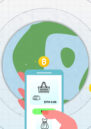 A hand holds a mobile phone paying for items in a basket in front of a globe image surrounded by Bitcoin logos.