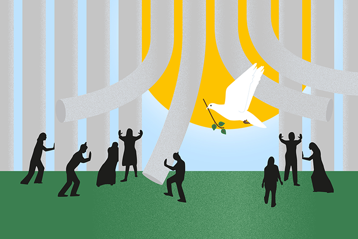 Cover of the research paper, Breaking the gender trap, depicting the outlines of people pulling back vertical bars to allow them and a dove carrying an olive branch to move towards the sun.