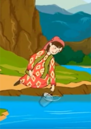 An illustrated image of a woman collecting water from a river, looking upset.
